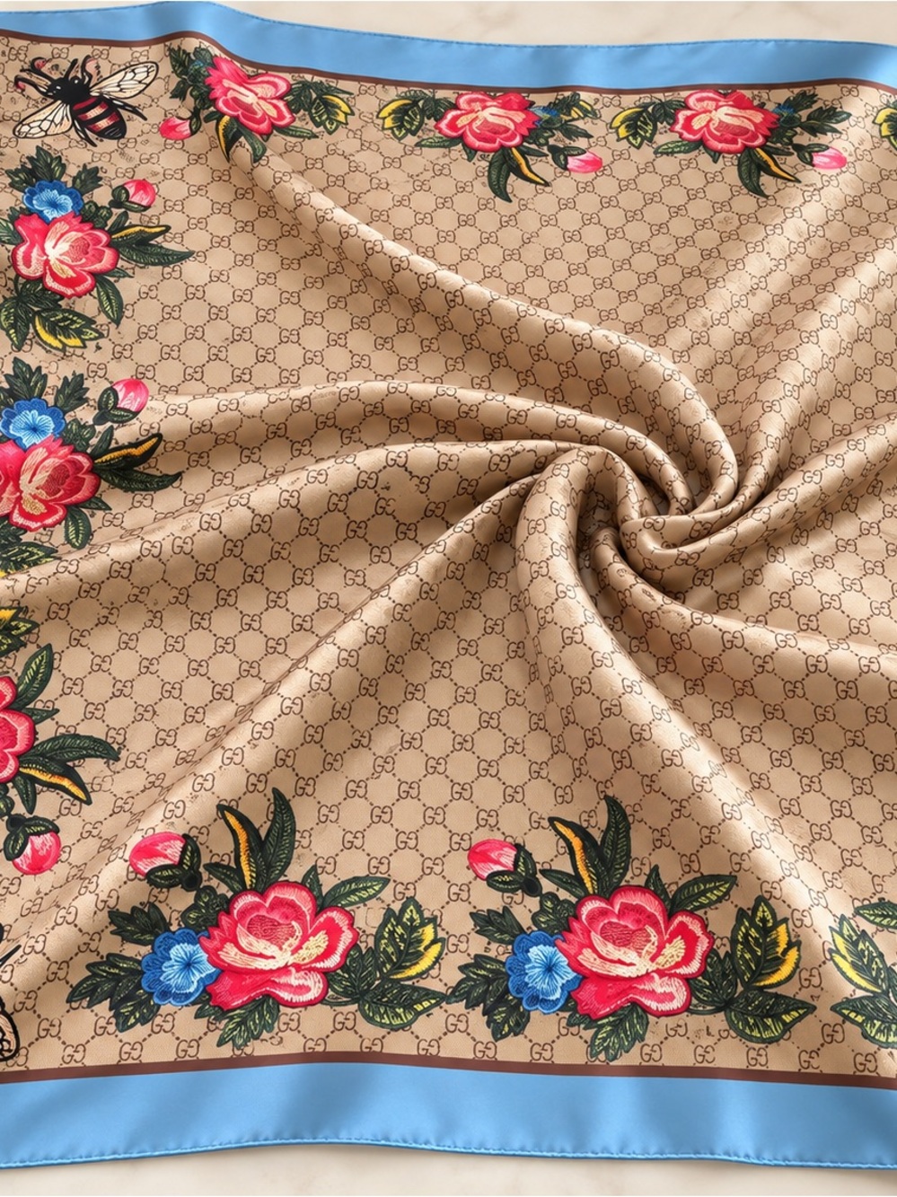 Gucci Beige Silk Scarf with Pink, Blue & Green Floral Border and Light Blue Trim